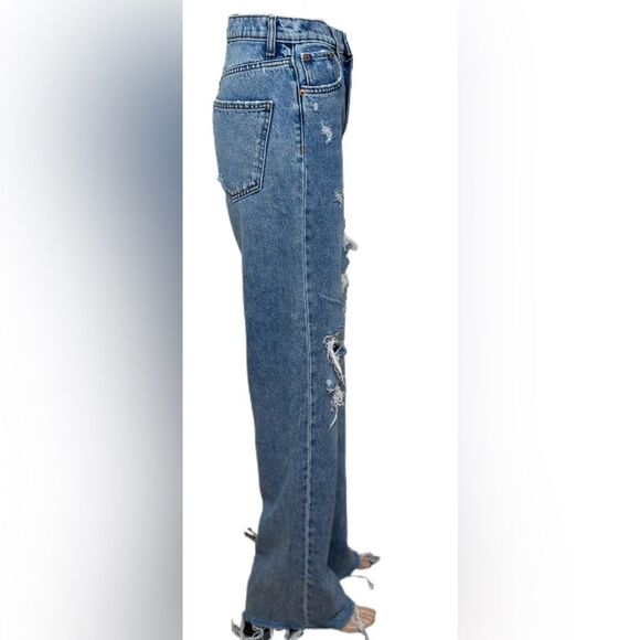 ZARA Womens Jrans 4 Distressed Ripped Wide Leg Blue Streetwear Denim - Picture 3 of 8